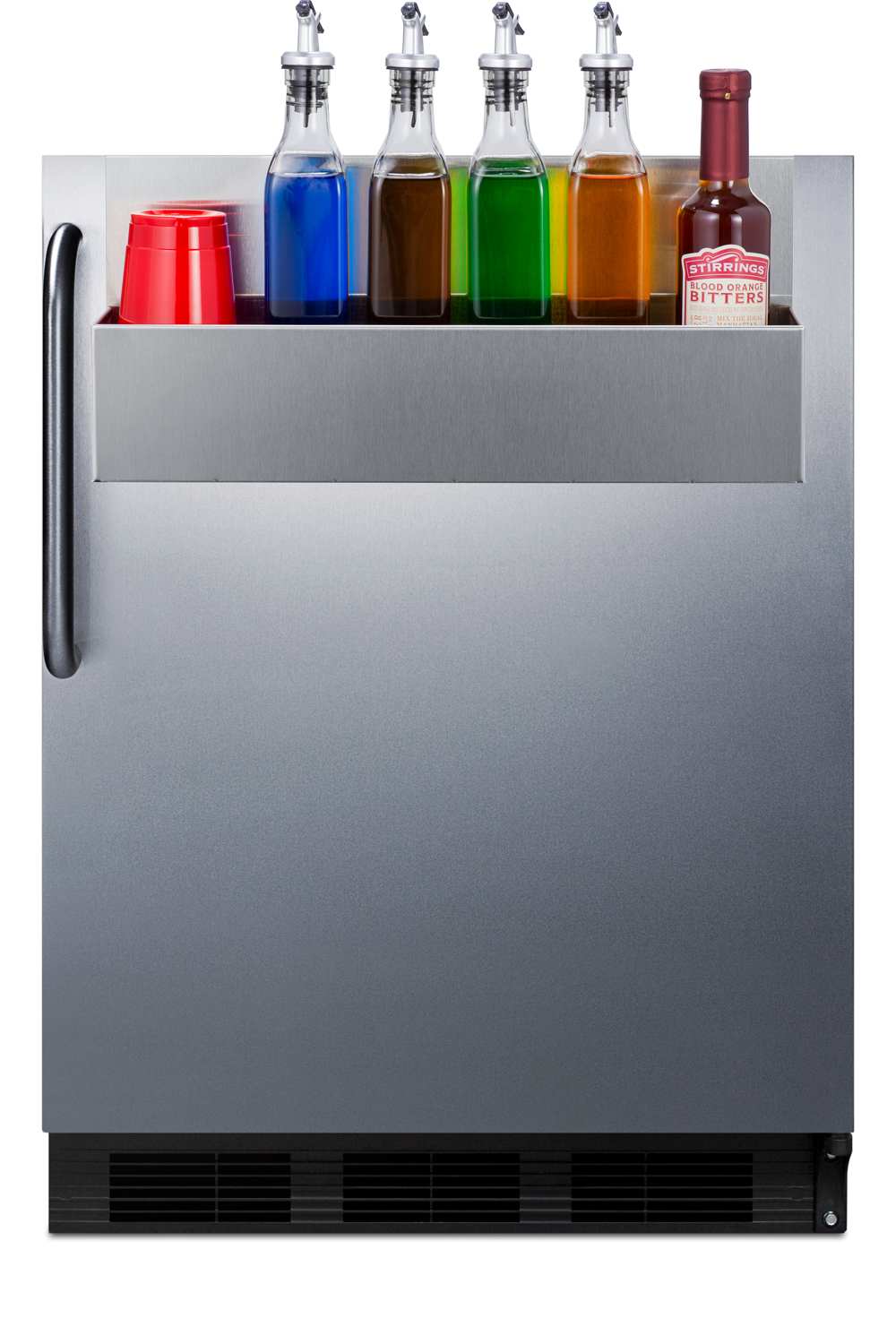 ADA compliant built-in undercounter all-refrigerator for general purpose or commercial use, auto defrost w/SS door, removable Speed Rail, towel bar handle, and black cabinet